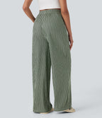 High Waisted Straight Leg Crinkle Casual Pants with Pockets