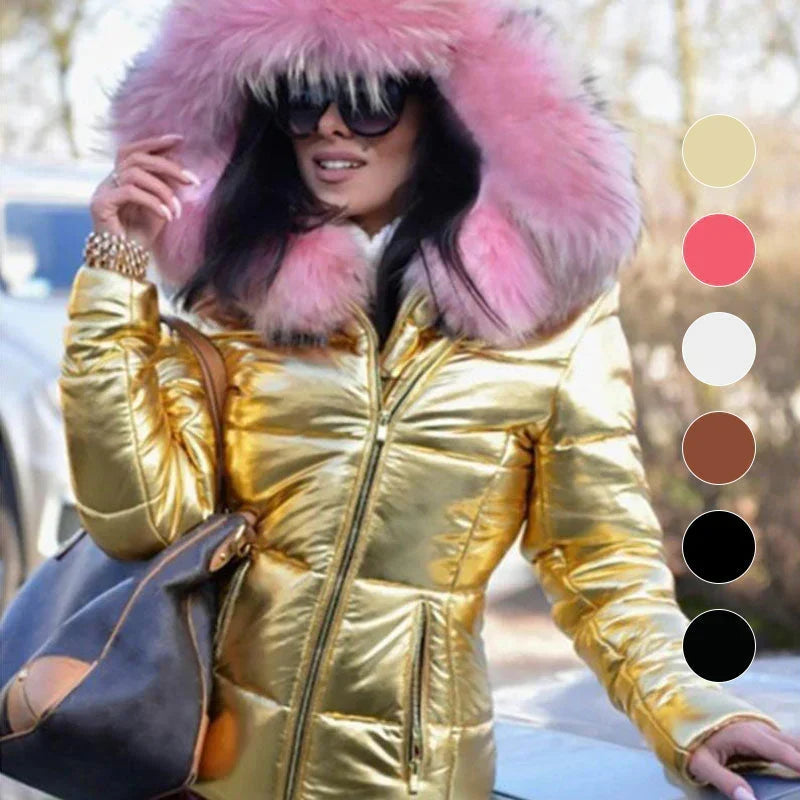 Women's casual warm large fur collar hooded jacket