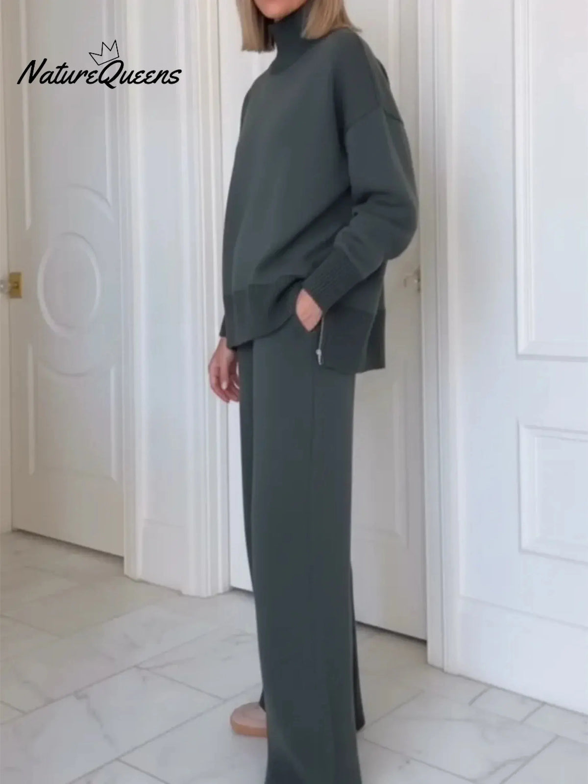 Casual Travel Stand Collar Side Zipper Top Straight Pants Two-Piece Set