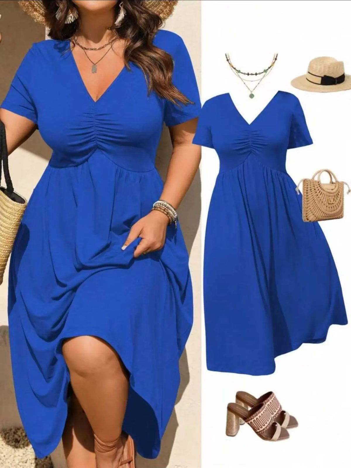 Plus Size V-Neck Ruched Bra Top Short Sleeve Midi Dress, Casual Summer Flowy A-Line Skirt, Women's Fashion Clothing