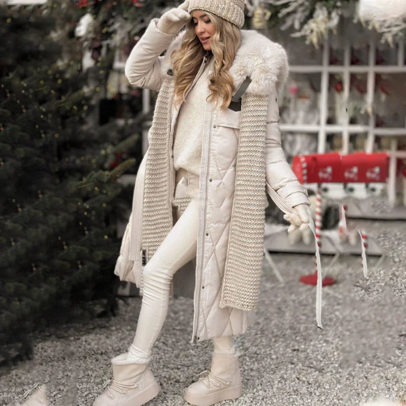 Women's Long Quilted Coat with Fur Collar