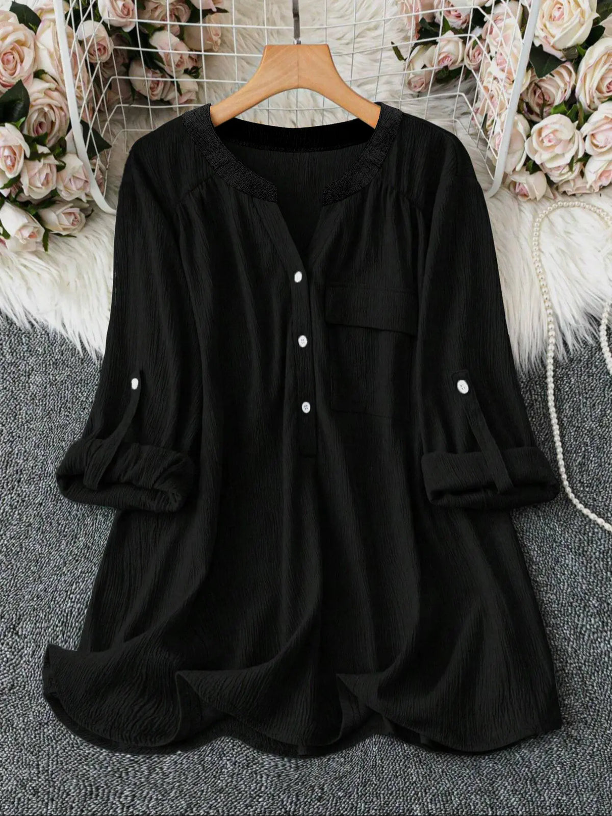 Lune Plus Size V Neck Shirt Blouse with Pockets, Casual Roll-Up Sleeve Design, Comfortable Daily Wear Top for Women