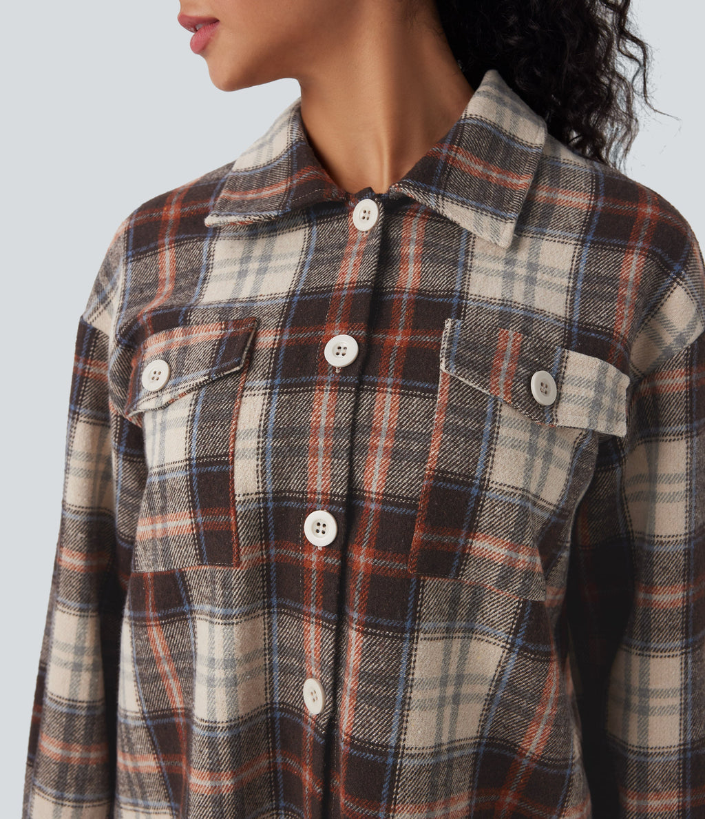 Plaid Curved Hem Casual Shirt Jacket with Flap Pockets