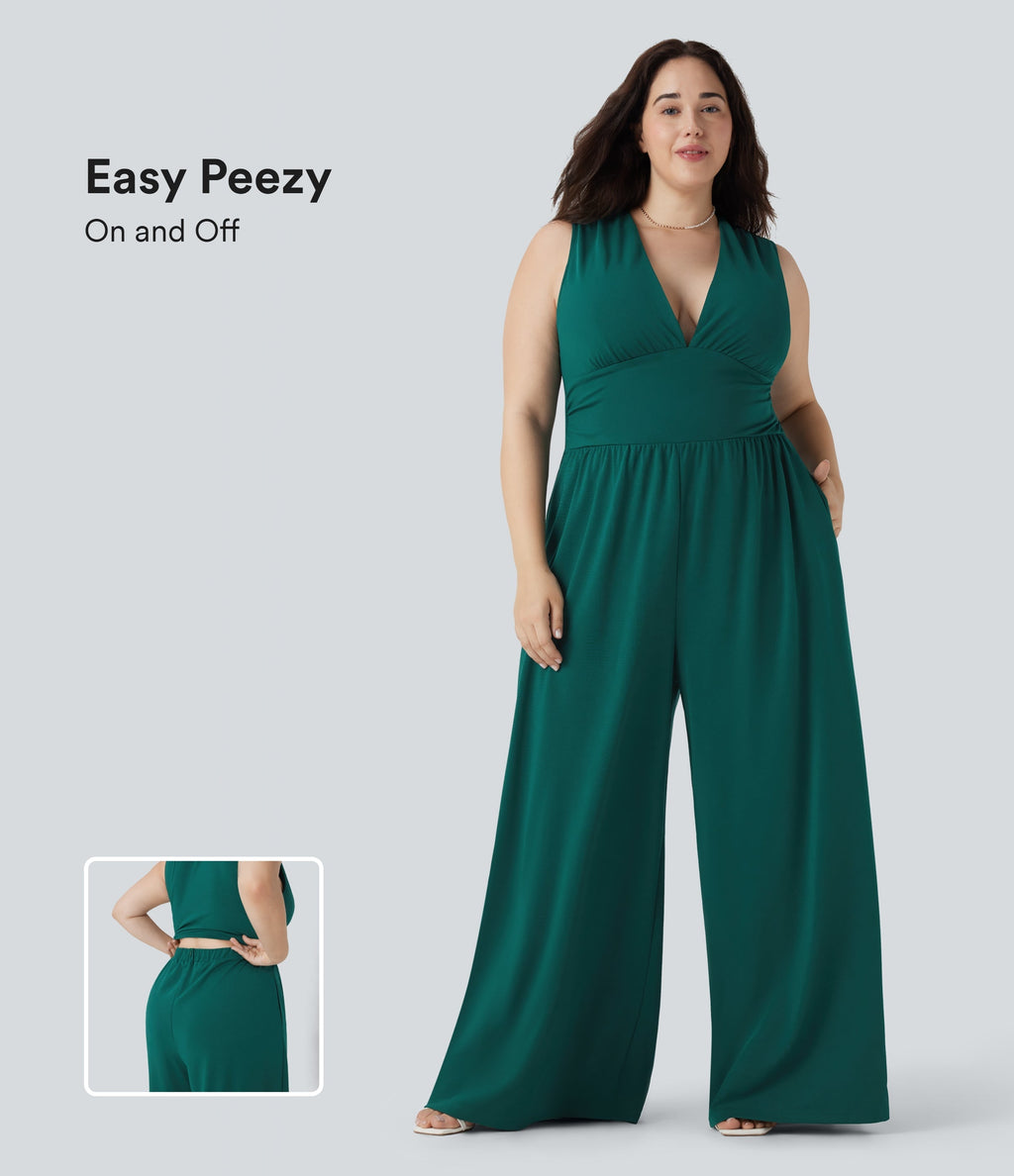 Plus Size V Neck Sleeveless Jumpsuit with Pockets-Easy Peezy Edition