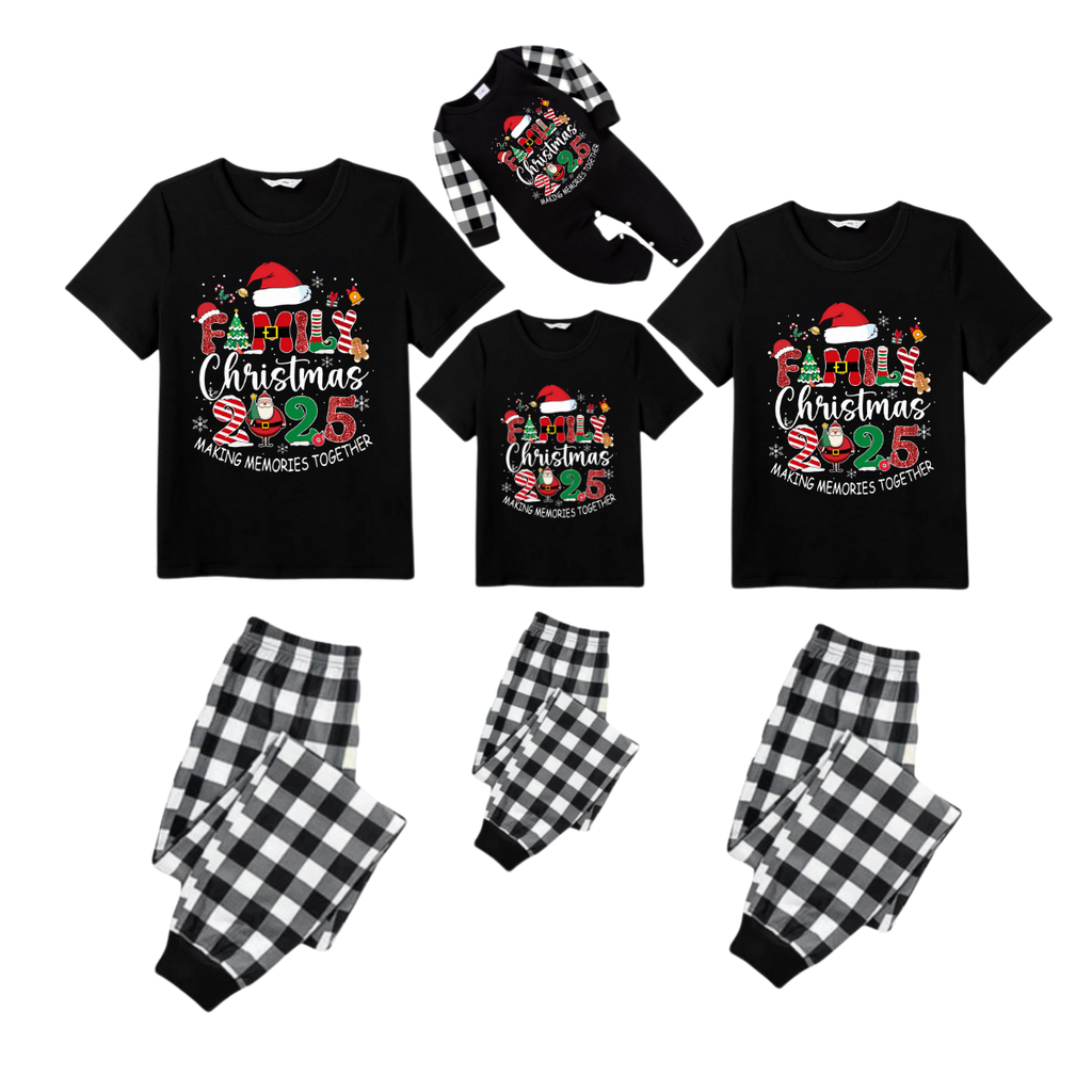 Black and White Plaid Christmas Short Sleeve Pajamas Set With "Family Christmas 2025 Making Memories Together" Text Print