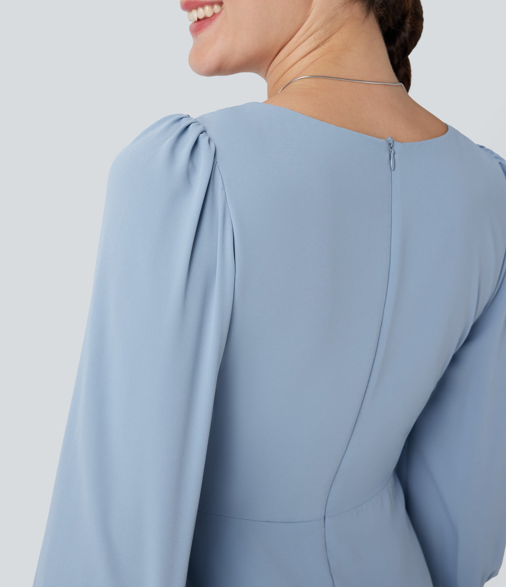 V Neck 3/4 Sleeve Pleated High Low Midi Casual Dress