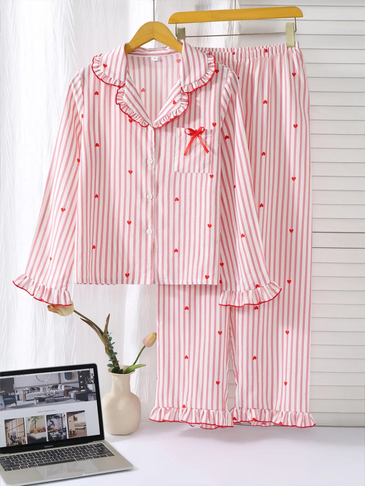 Women's Sleepwear Set, Breathable Striped Bow Design, Sweet & Fashionable Home Wear, Comfortable Nightgown for Women, Homewear
