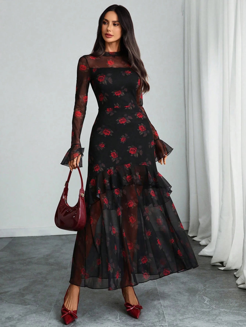 Women's Gothic Elegant Sexy Mesh Splicing Colorful Print Retro Petal Sleeves Ruffle Mermaid Hem Double Layer Dress
