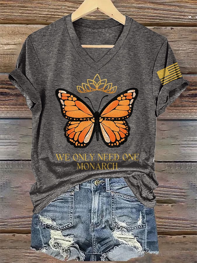 🔥Buy 3 Get 15% Off🔥V-Neck Retro No Kings We Only Need One Monarch Butterfly  Print T-Shirt