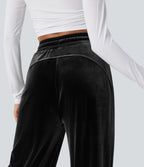 High Waisted Drawstring Wide Leg Velvet Casual Pants with Pockets