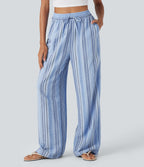 High Waisted Drawstring Wide Leg Stripe Casual Linen-Feel Pants with Pockets