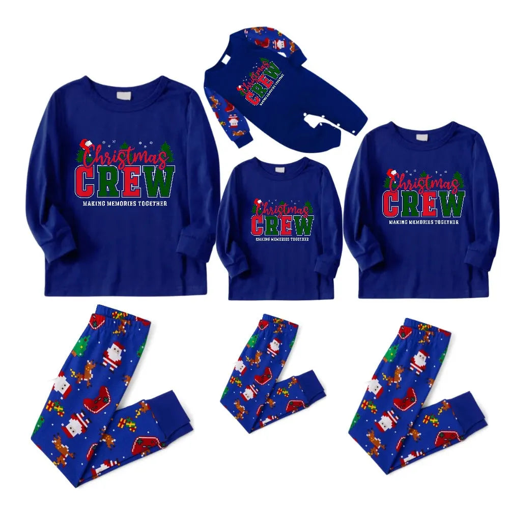Christmas Family Matching Pajamas-Cozy Blue Pjs Set with "Christmas Crew Making Memories Together" Slogan Print