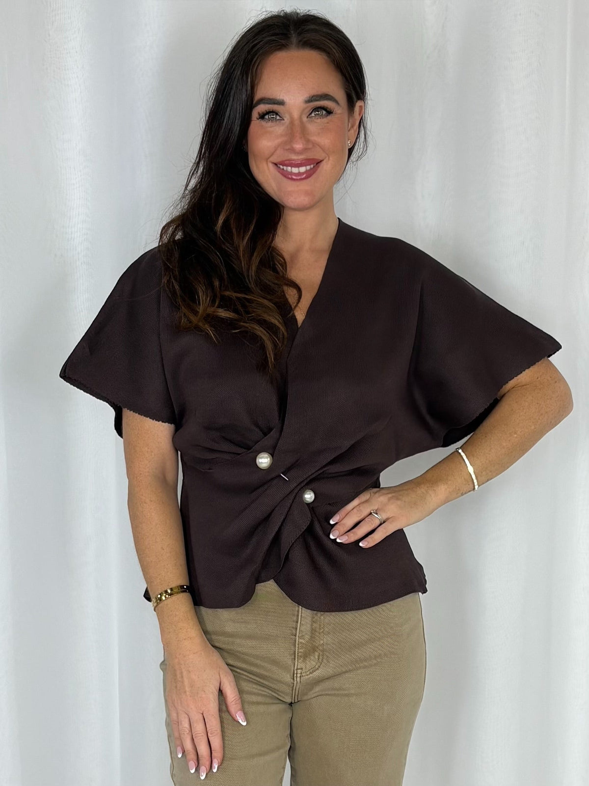 Kimono Style Sleeve Cinched In Pearl Detailed Top (5 Colours)