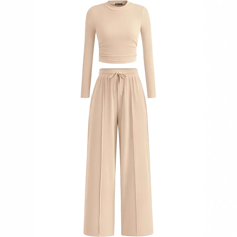2-Piece Lounge Set – Ribbed Knit Long Sleeve Crop Top & Wide Leg Pants