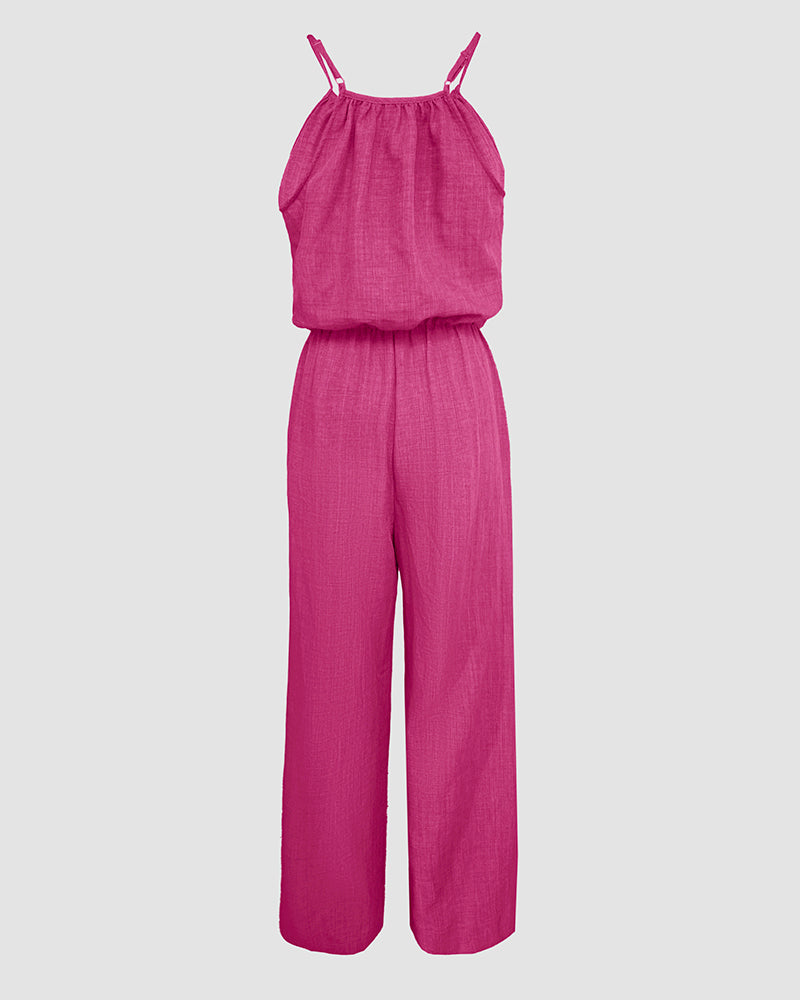 Womens Spaghetti Strap Drawstring Tied Waist Jumpsuit Casual Overalls