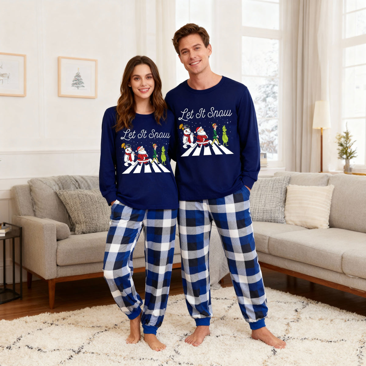 Couple Navy & White Plaid Pajamas Set with Santa Claus and Cartoon Pattern Print