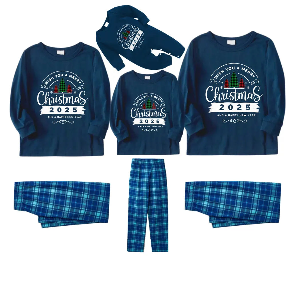 Christmas Family Matching Pajamas-Navy & Sky Blue Plaid Pjs Set with "Wish You A Merry Christmas 2025" Print