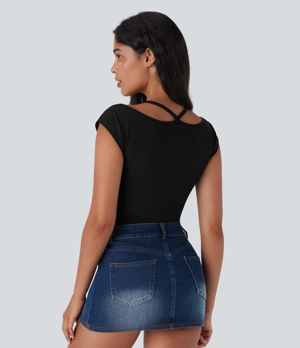 High Stretch Ribbed Knit Lace Halter Cap Sleeve Top