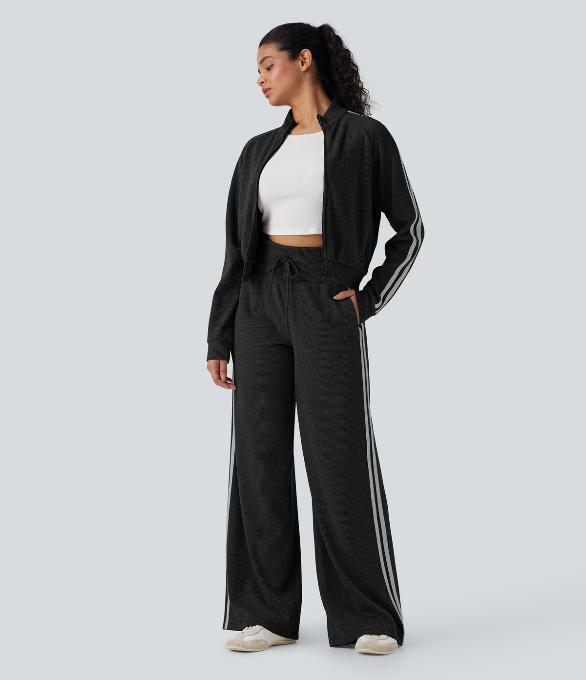 2026🔥 Ribbed SoCinched High Waisted Tummy Control Drawstring Wide Leg Color Block Casual Trousers with Pockets
