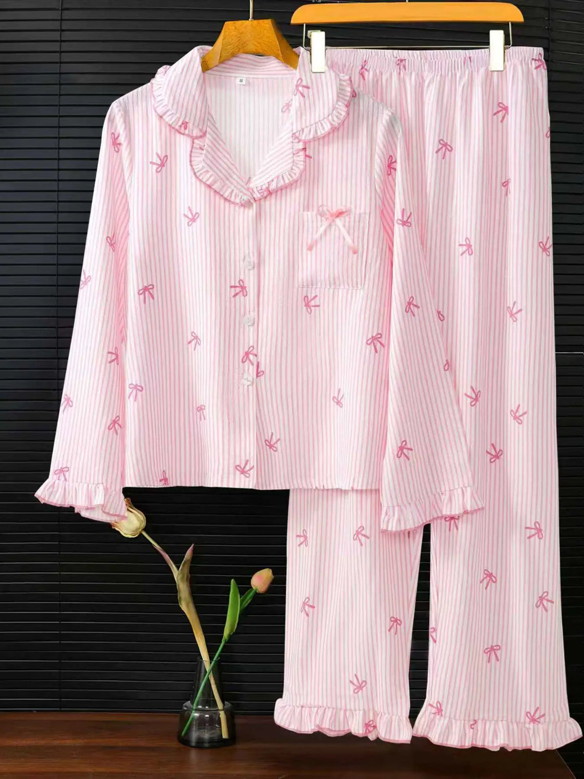 Women's Sleepwear Set, Breathable Striped Bow Design, Sweet & Fashionable Home Wear, Comfortable Nightgown for Women, Homewear