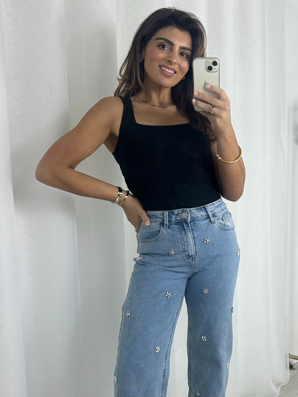 Light Denim Straight Leg Jewelled Flower Jeans
