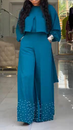 Women Round Neck Patchwork Top+ Pants Casual Set with Temperament