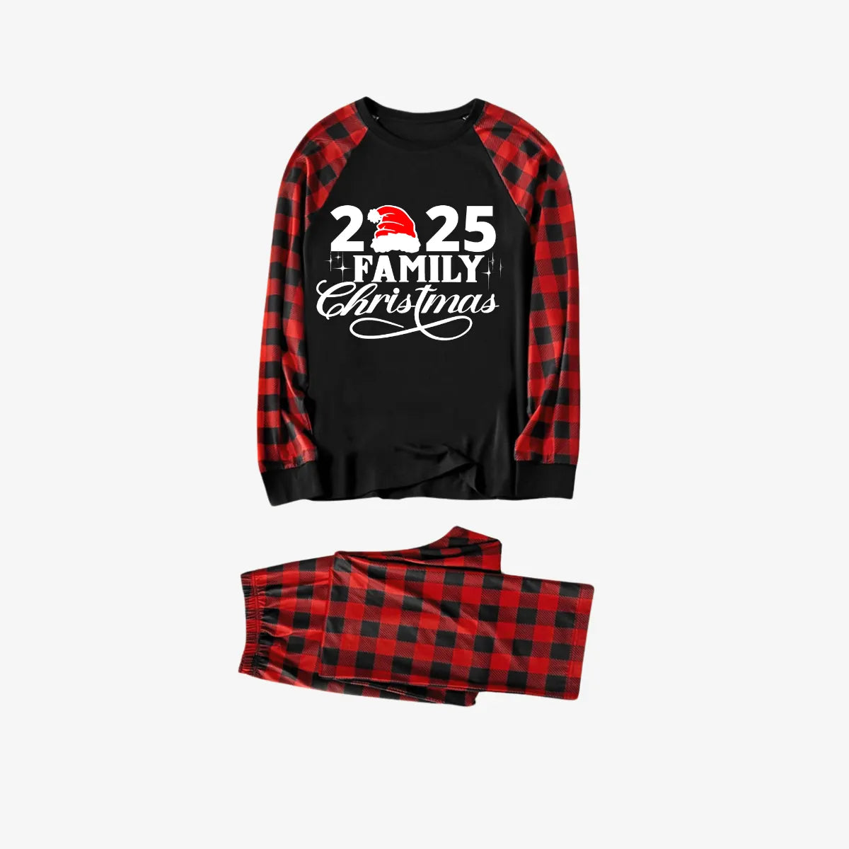 "2025 Family Christmas" Letter Print Black & Red Plaid Family Matching Black Pajamas