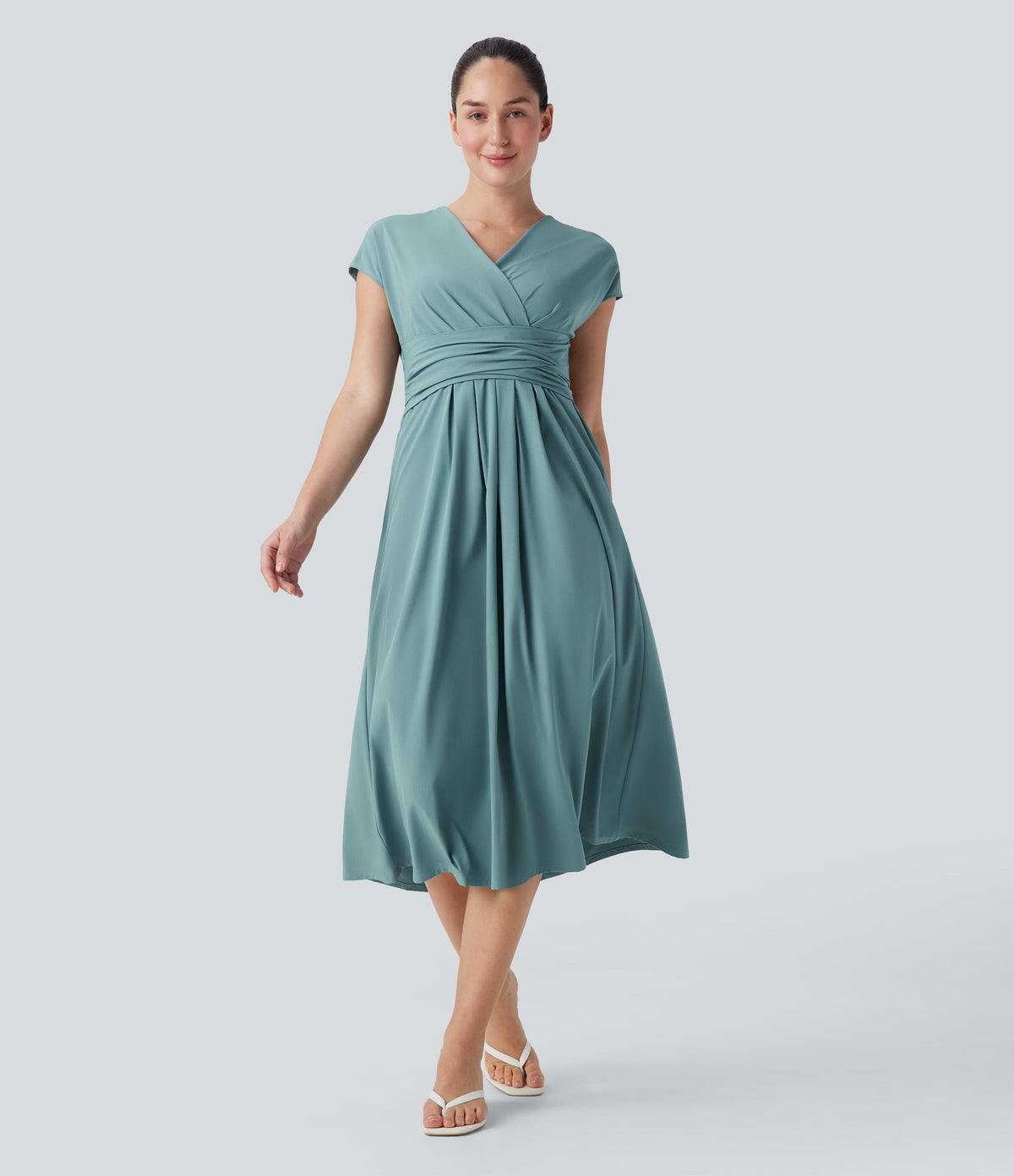 BreezefulTM V Neck Short Sleeve Pocket Tie Back Quick Dry Midi Casual Dress