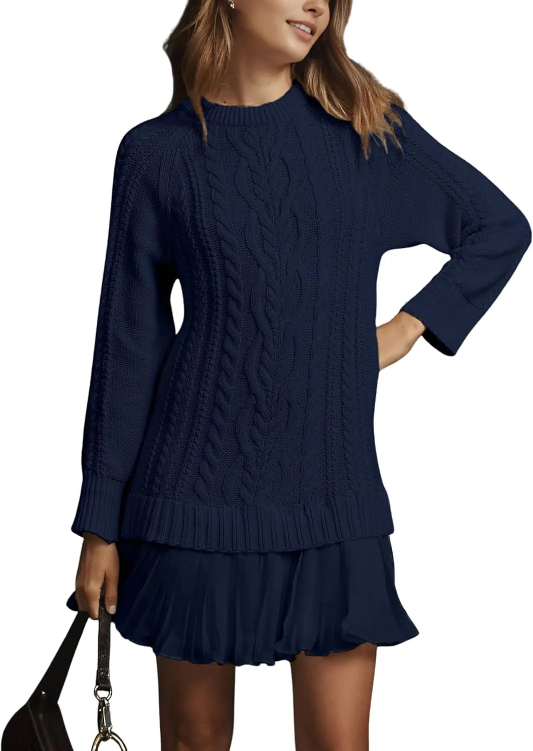 Women Cable Knit Sweater Dress Crewneck Long Sleeve Pleated Mini Dress Twofer Style Patchwork Dress