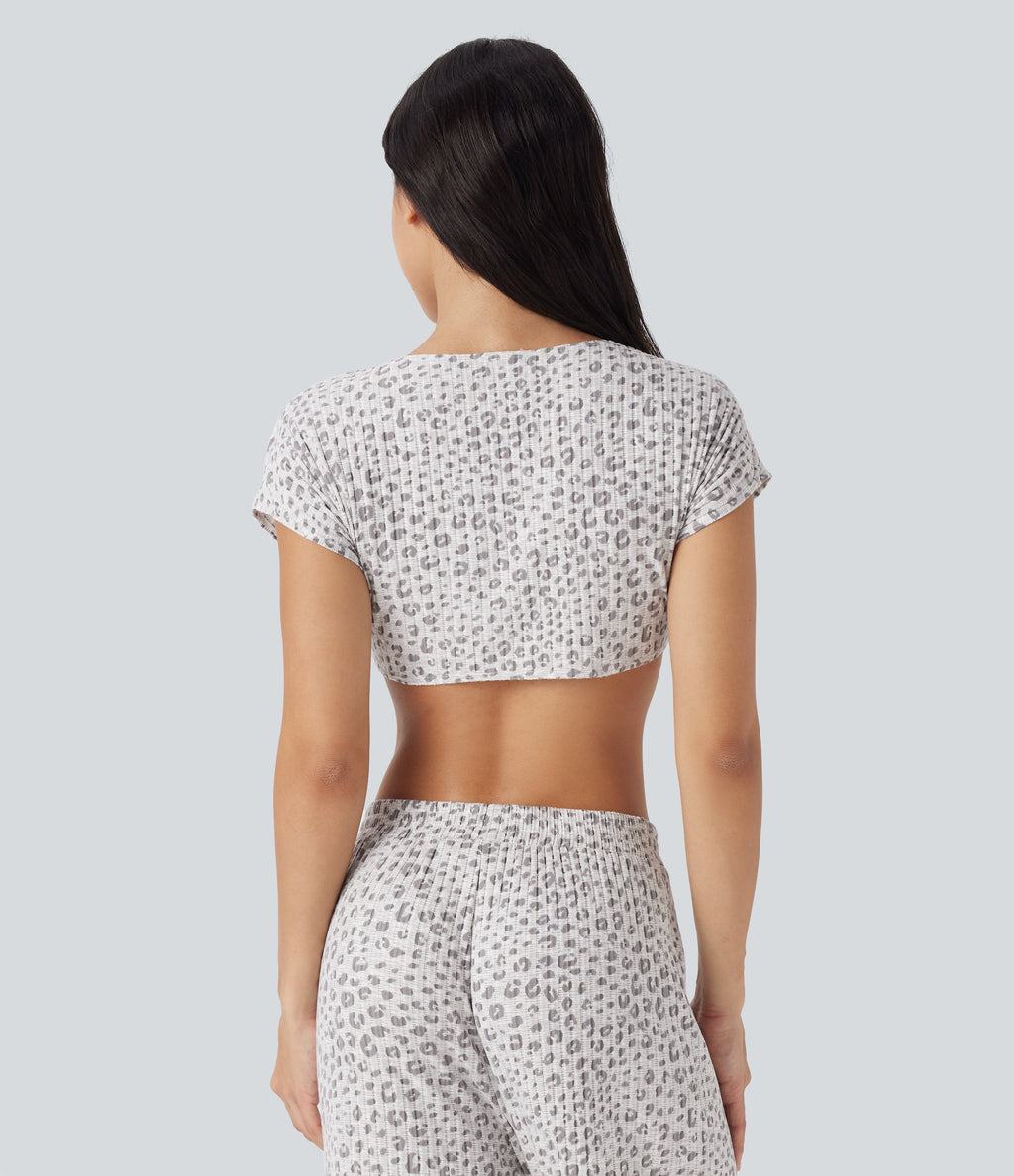 Tie Front Short Sleeve Leopard Print Cropped Lounge Top