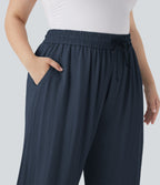 High Waisted Drawstring Linen-Feel Wide Leg Casual Plus Size Pants with Pockets