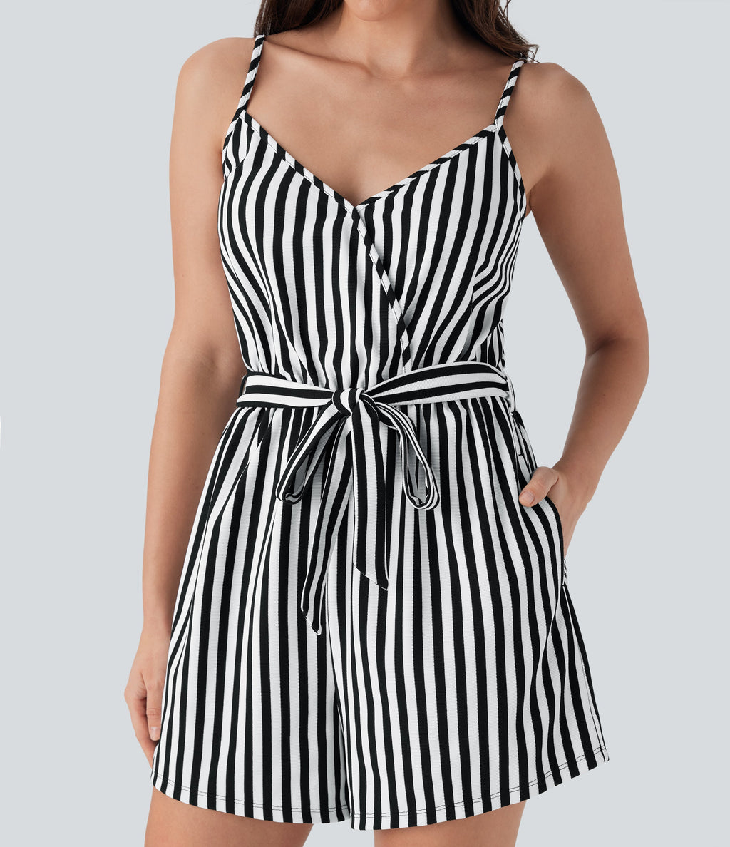 V-neck Snap Belted Stripe Waffle Jumpsuit with Pockets