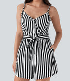 V-neck Snap Belted Stripe Waffle Jumpsuit with Pockets
