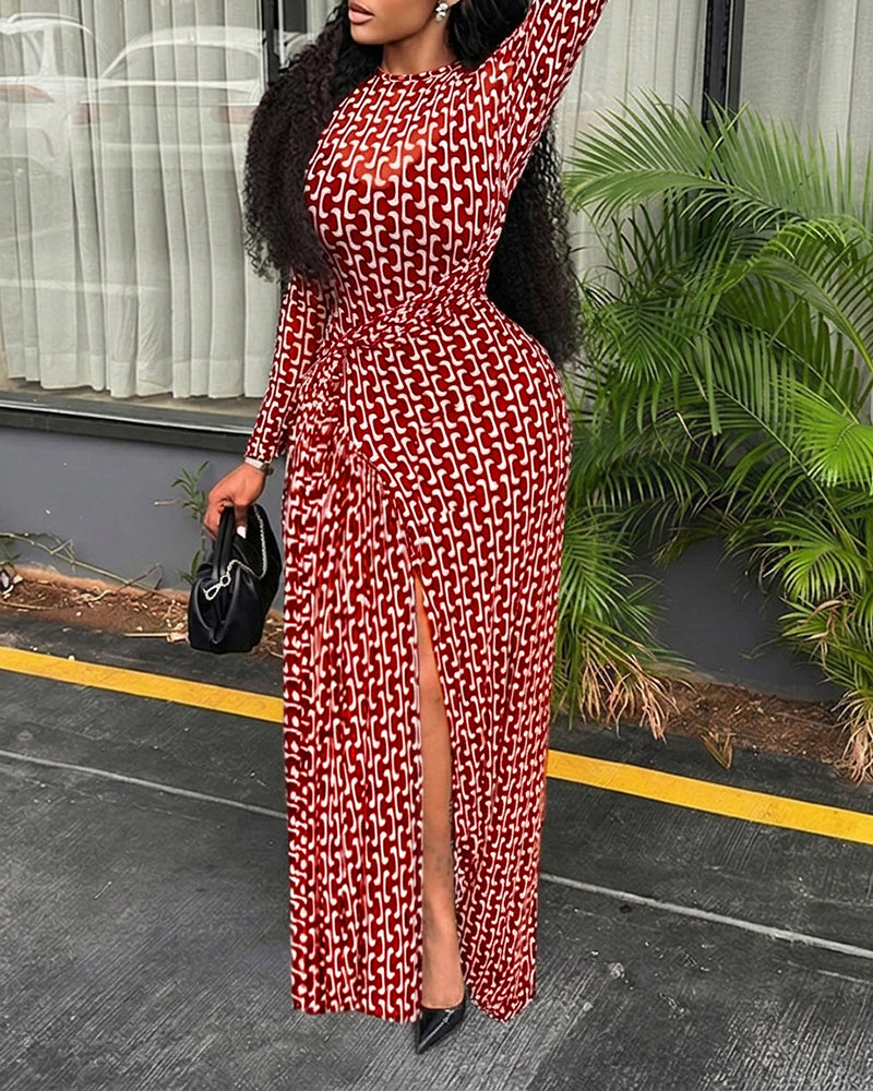 Geometric Print Long Sleeve Waist Tied Detail Maxi Dress Casual Slim Fit Slit Vacation Dress