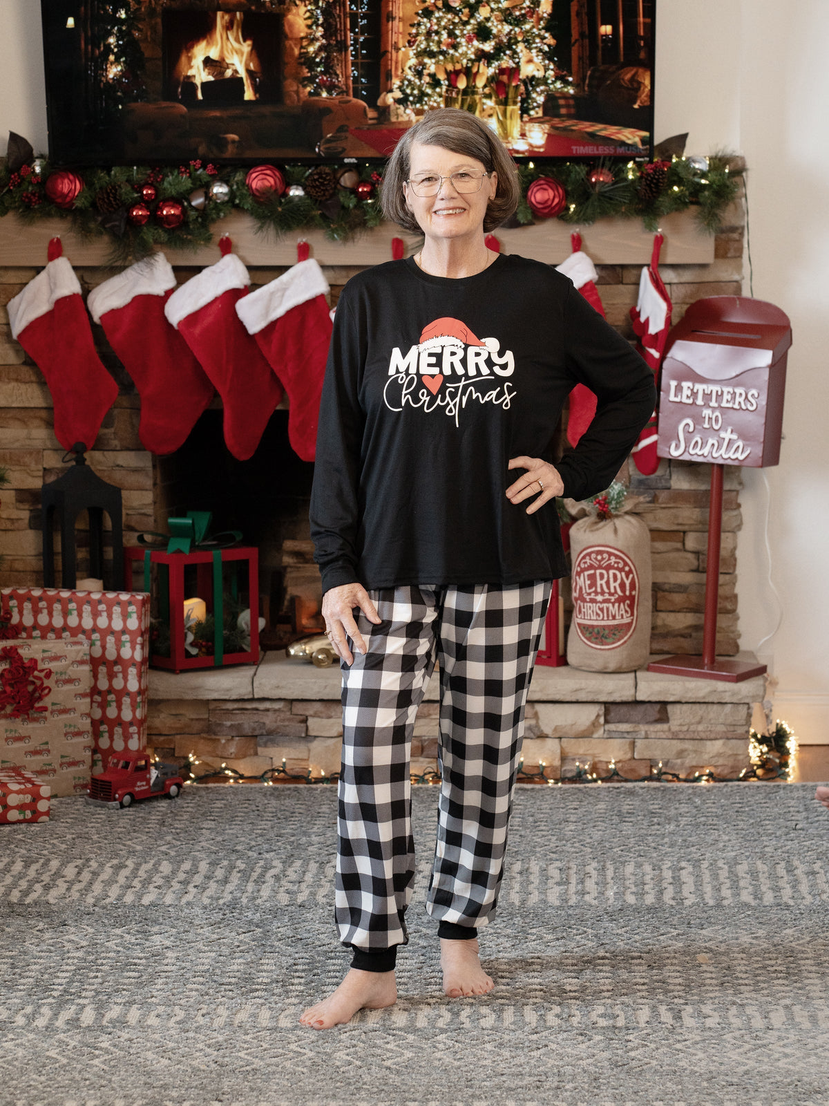 Christmas Family Matching Glow In The Dark Letters Print Long-sleeve Pajamas Sets with Christmas Socks Black+White