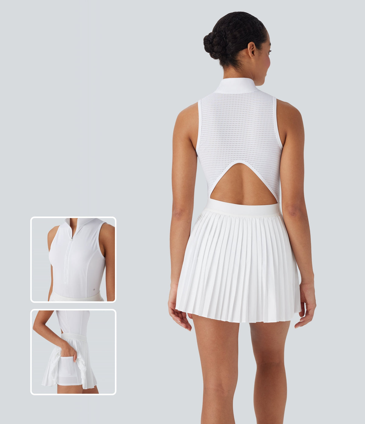 BreezefulTM Sleeveless Cut Out 2-in-1 Pleated Quick Dry Mini Tennis Active Dress with Pockets