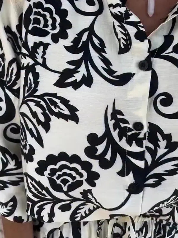 Women's Fashion Two Piece Printed Lapel Button-Down Shirt and Wide-Leg Pants Set
