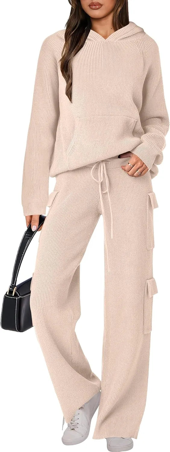 🎄Christmas Clearance 🔥 Women’s Two Piece Outfits Casual Knit Hooded Sweater Straight Leg Pants Set
