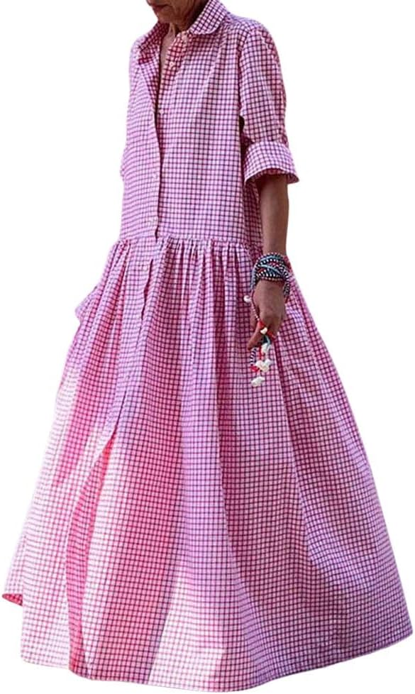 Women's Retro Plaid Button Down Maxi Shirt Dress(Buy 2 Free Shipping)