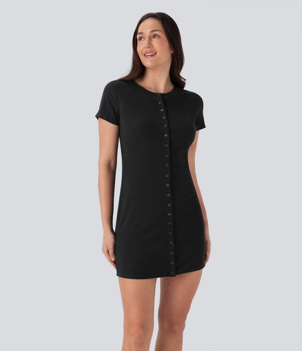 Ribbed Knit Round Neck Mini Casual Dress