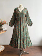Plus Size Women's Floral Woven Dress, Fall Winter V Neck Tie Back Lace Trim Long Sleeve Maxi Dress, Casual Elegant Fashion