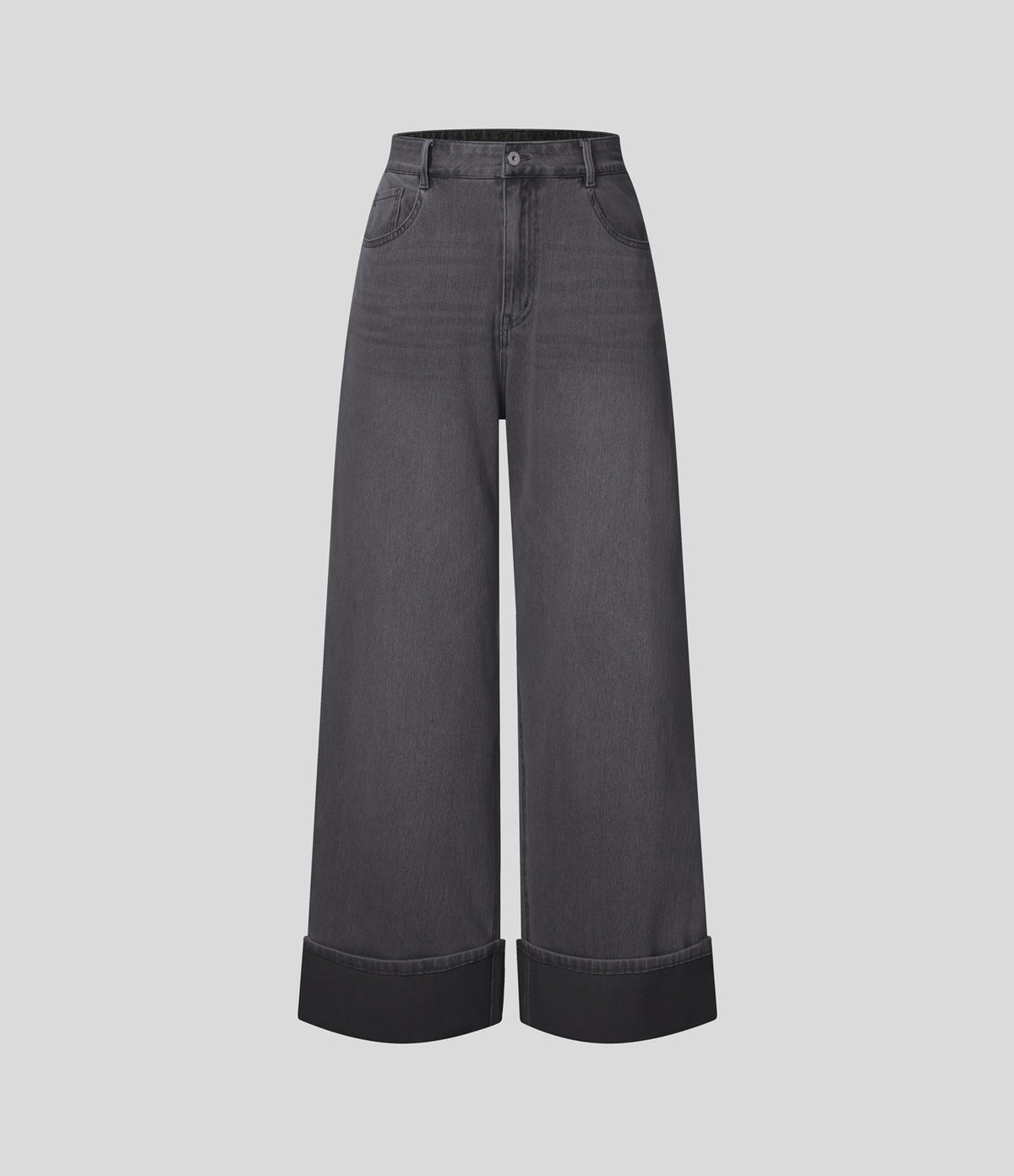 FlexTM High Waisted Multiple Pockets Rolled Hem Wide Leg Washed Stretchy Knit Casual Jeans
