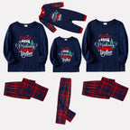 Christmas Family Matching Pajamas-Navy & Red Plaid Pjs Set with "Christmas Crew Making Memories Together" Slogan Print