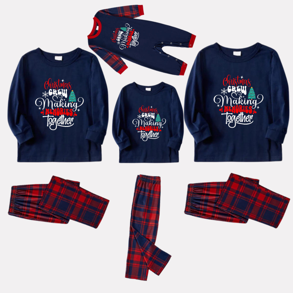 Christmas Family Matching Pajamas-Navy & Red Plaid Pjs Set with "Christmas Crew Making Memories Together" Slogan Print