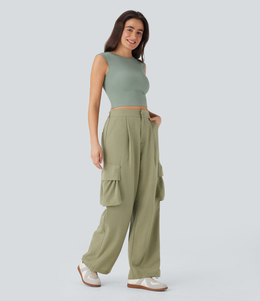 High Waisted Adjustable Drawstring Hem Linen-Feel Casual Cargo Pants with Pockets