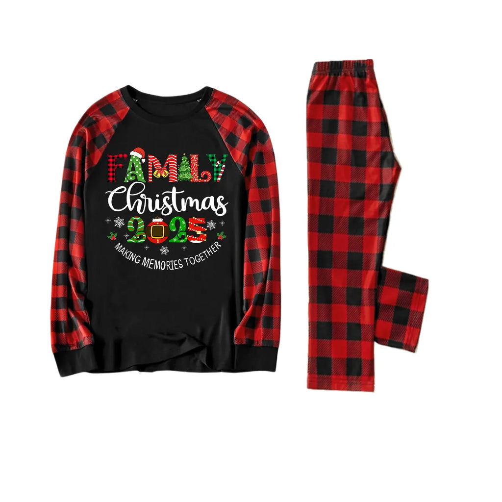 "Family Christmas 2025" Cute Print Black & Red Plaid Christmas Matching Pajamas