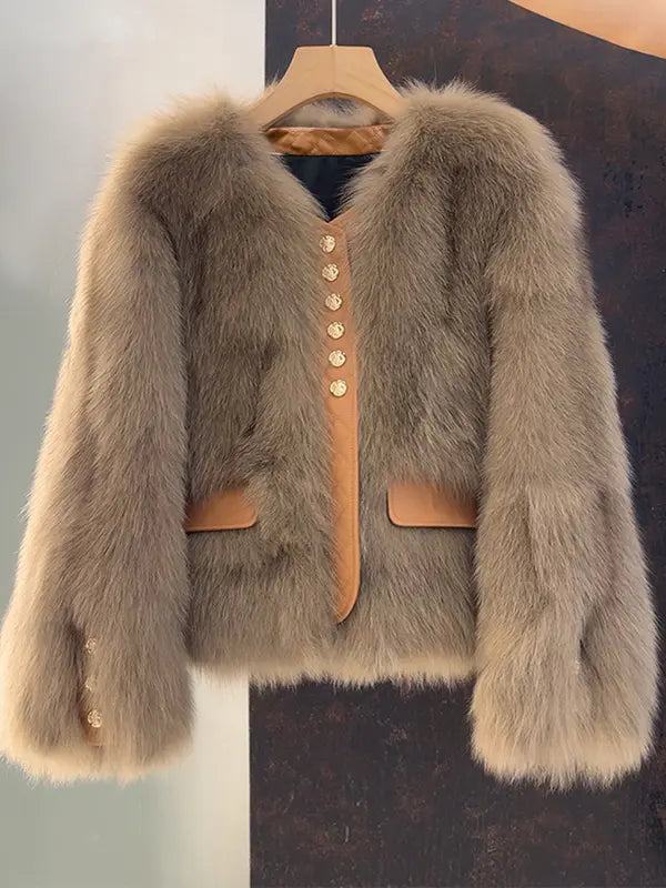 Women's Faux Fox Fur Coat Short Section Autumn Winter New Style Korean Version Commuting Real Fur Patchwork Outerwear