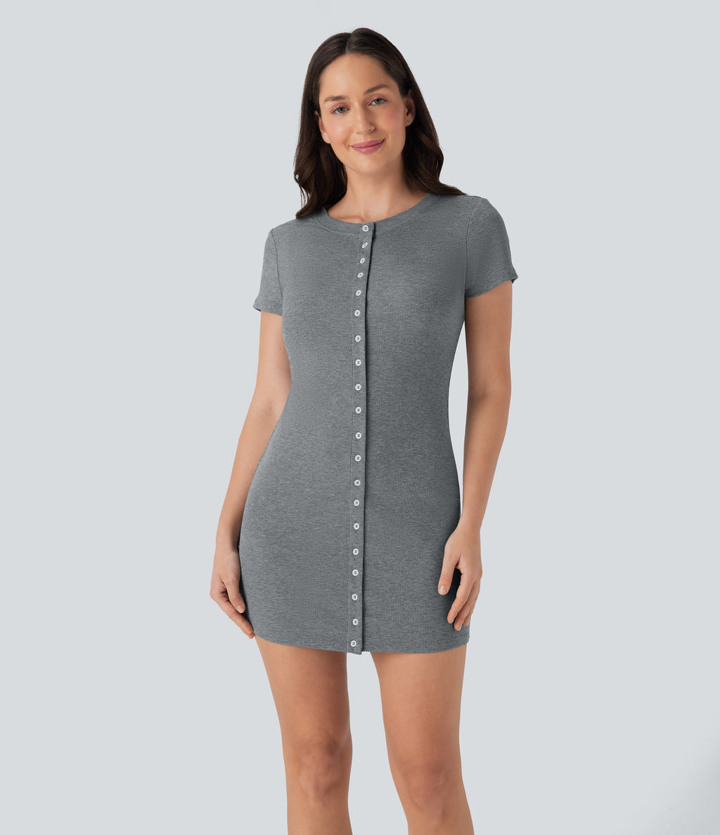Ribbed Knit Round Neck Mini Casual Dress
