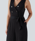 V Neck Sleeveless Belted Stripe Cool Touch Work Jumpsuit with Pockets-Easy Peezy