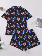 Women's Heart Bow Print Sleepwear Set, Short Sleeve Button-Up Top & Elastic Shorts, Casual Home Wear, Party